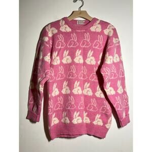 VTG Pink Bunny Heather Designs Scotland Heavy Wool Intarsia Pullover Sweater S/M